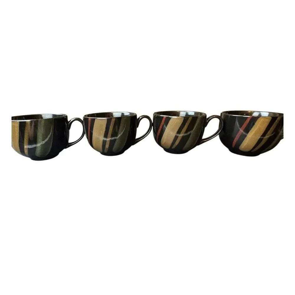 Sango Nova Black 4932 Soup Cups Lot of 4 Handles Black Red Gold Stoneware